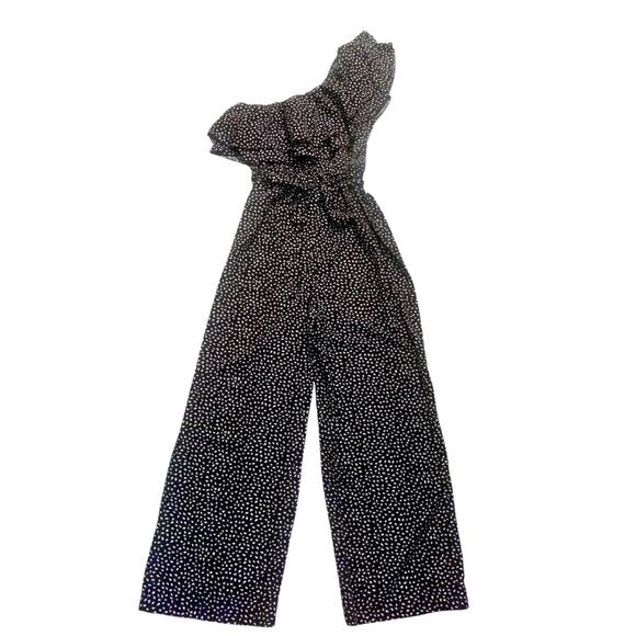 One Shoulder Ruffle Black White Dot Print Jumpsuit Small Sleeveless Wide Leg - Picture 5 of 8